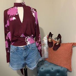 FREE PEOPLE Floral Mock Neck Long Sleeve Top SizeS